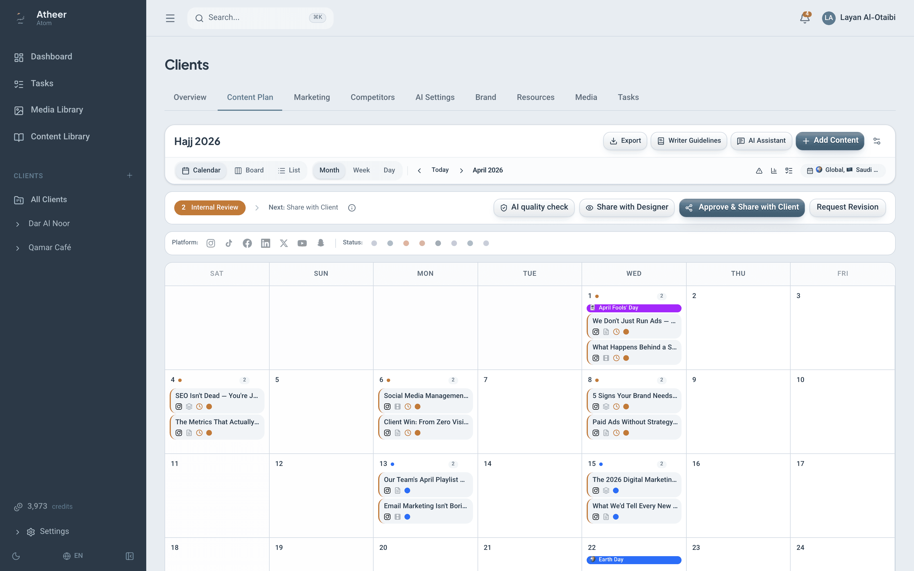 The Atheer workflow view showing the seven-stage approval path for a monthly content plan