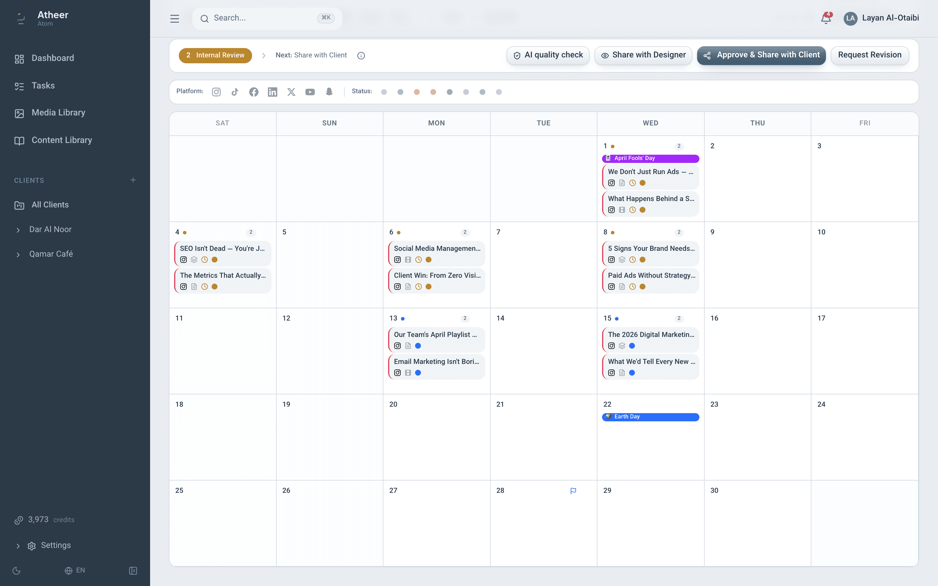 An Atheer monthly content plan in calendar view, with posts scheduled across the month
