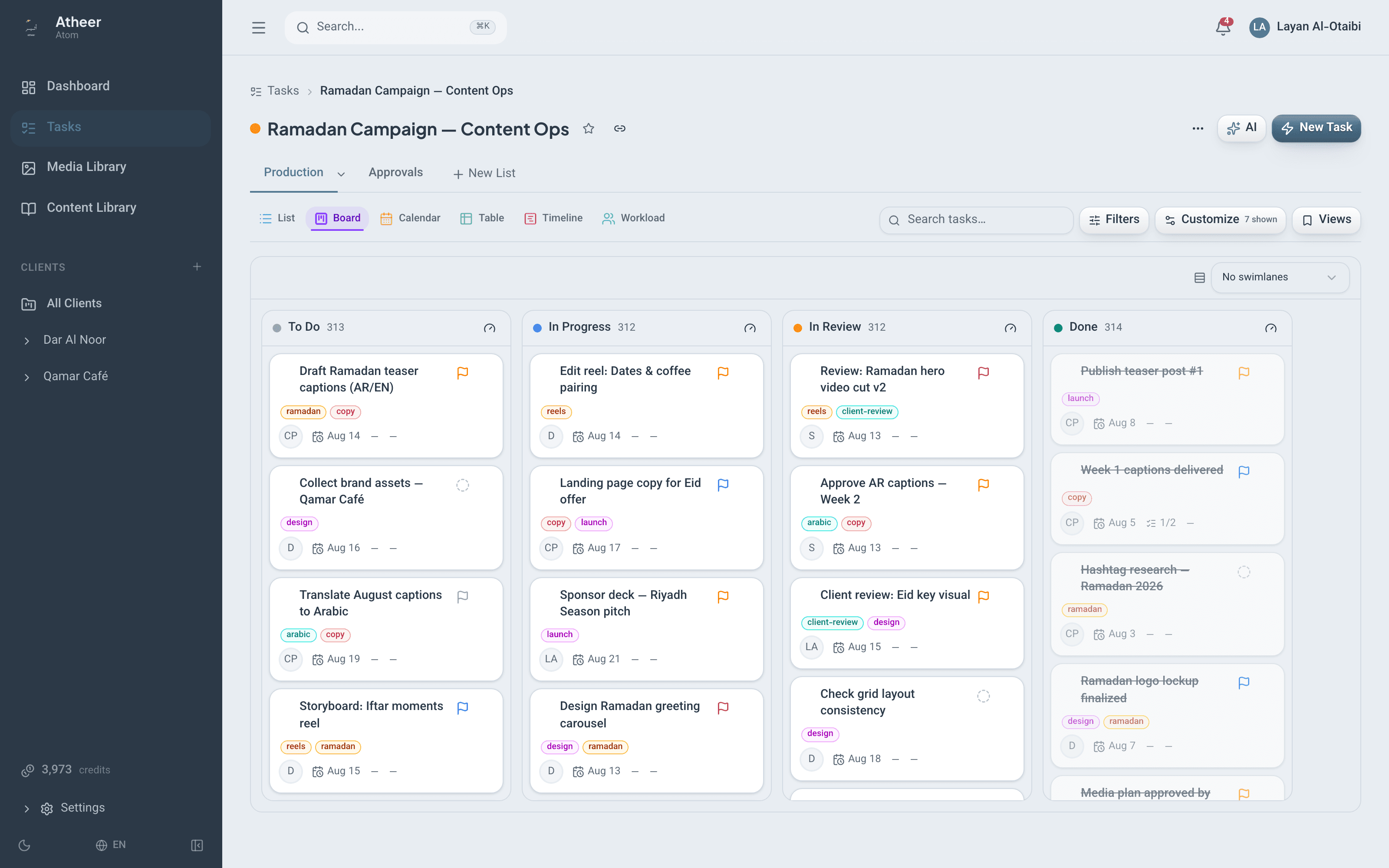 The Atheer tasks board view — columns with draggable cards