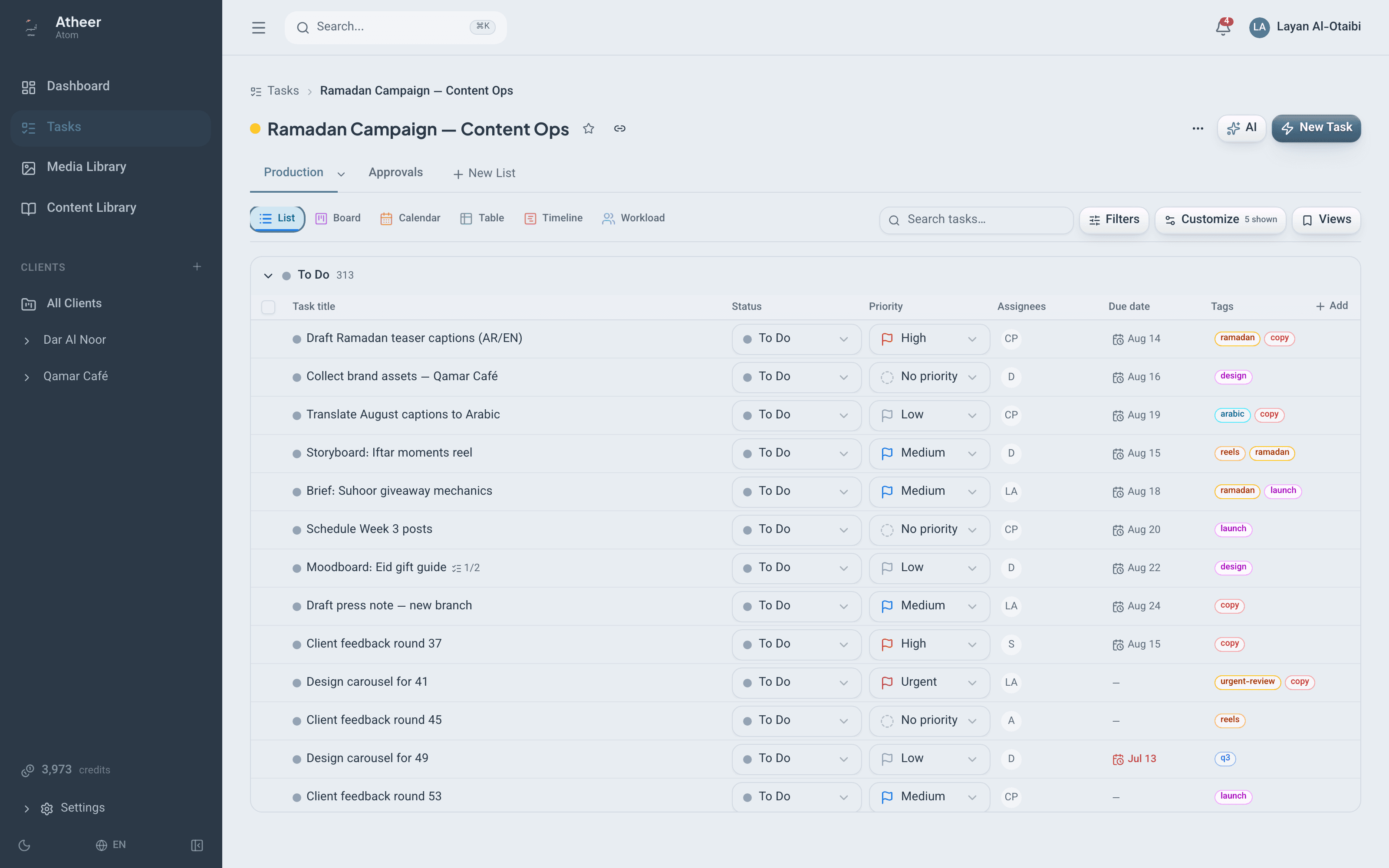 The Atheer tasks module showing a board of tasks with assignees, statuses, and priorities